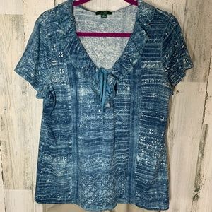 Lauren Jeans Co Blue Ruffled V-Neck Top